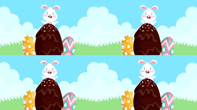 快乐复活节动画卡片，画可爱的兔子和鸡蛋