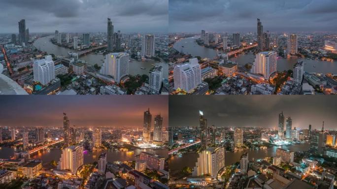 曼谷市的平移镜头，日夜时间流逝