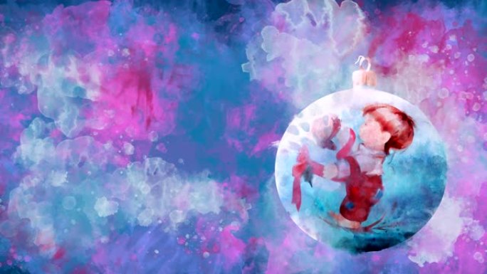 水彩圣诞球，彩绘男孩在彩色斑点的背景上。
