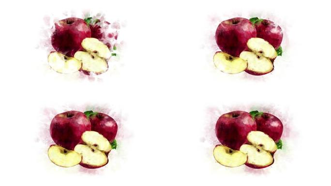 水彩画和动画的红苹果