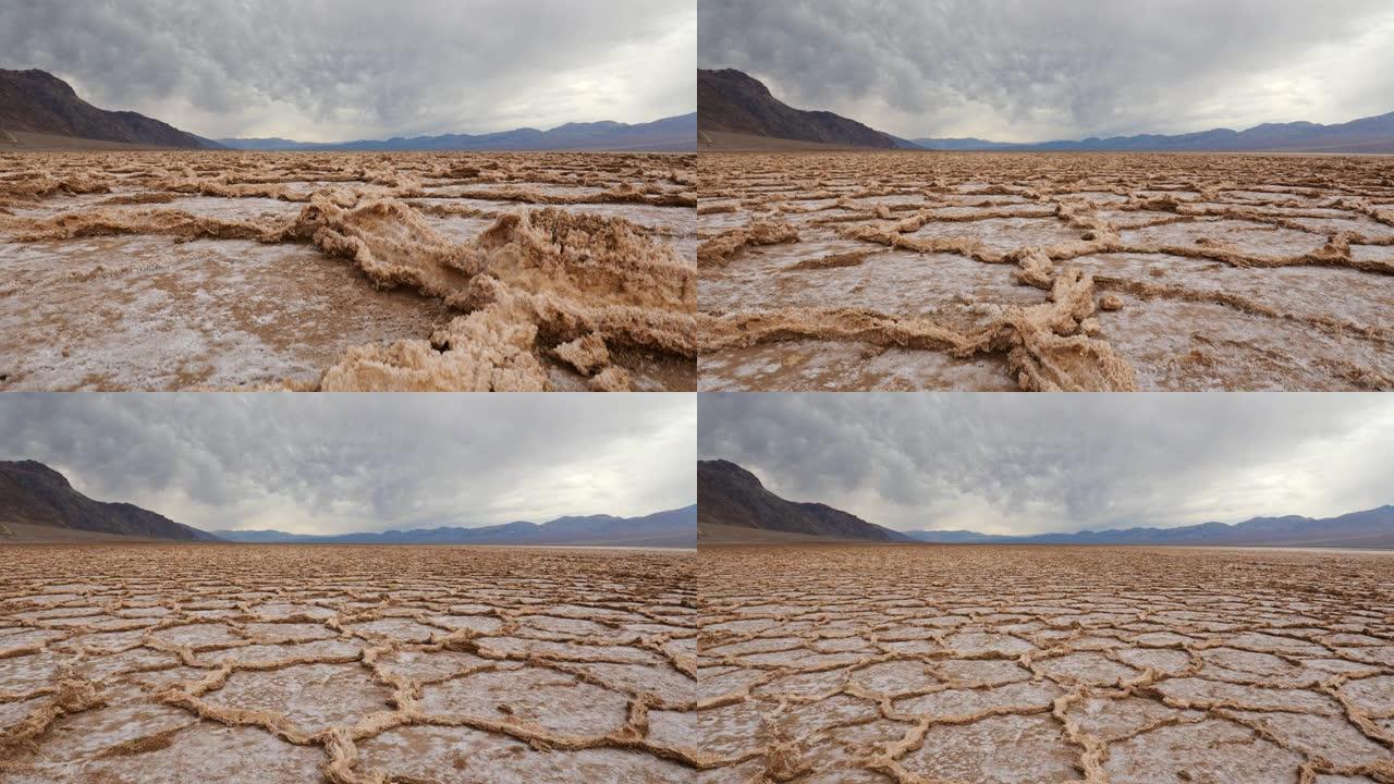 恶水盆地，死亡谷国家公园。美国加利福尼亚州。Steadicam拍摄了4K死亡谷的盐壳地层