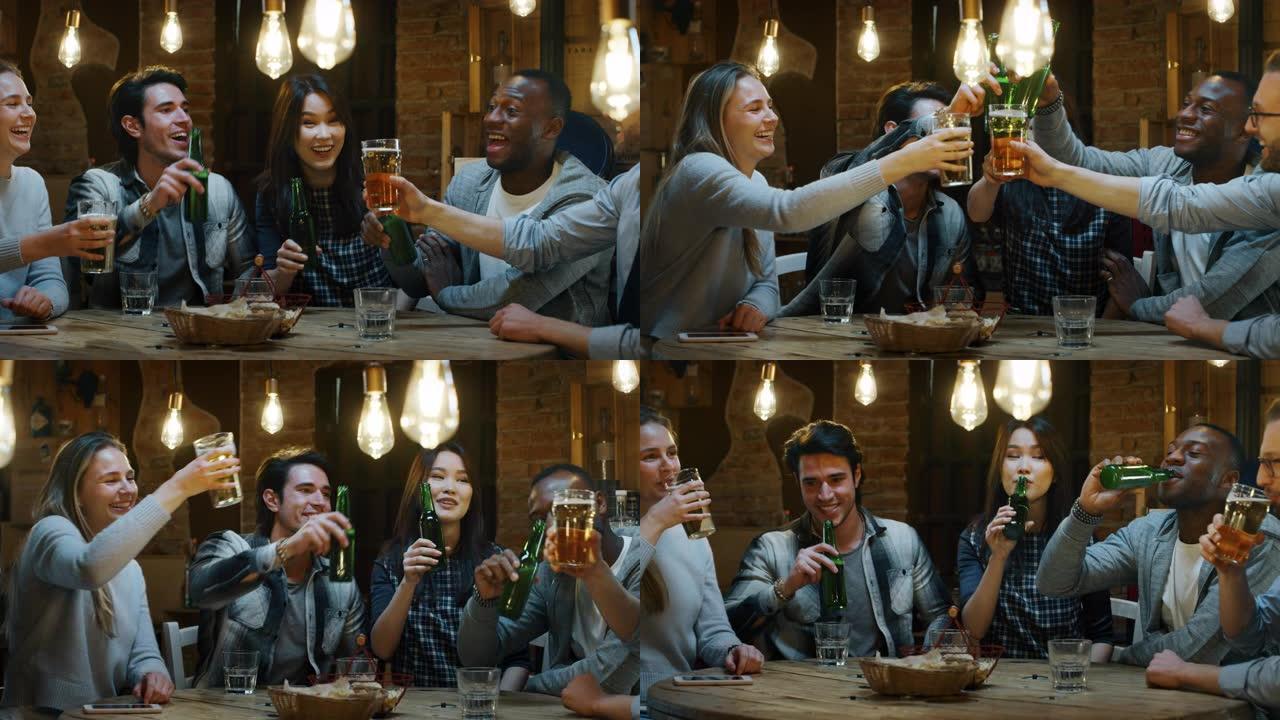 快乐的年轻朋友在酒吧里一起喝啤酒和碰杯玩得开心的慢动作。