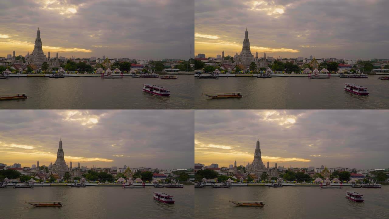 平移左: 泰国曼谷日落时间的Wat Arun Temple (黎明神庙)。