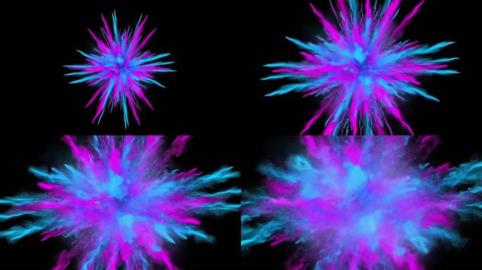 黑色背景上的蓝色和紫色粉末爆炸的CG 3d动画。开始时带有加速度的慢动作。