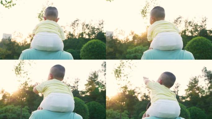 小男孩和父亲享受日落