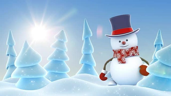 有趣的雪人在圆柱帽用手问候和微笑在阳光明媚的雪森林。美丽的3d卡通动画。动画贺卡。圣诞快乐，新年快乐