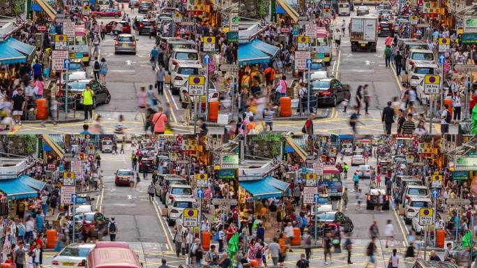 香港九龙旺角法源跳蚤市场行人拥挤的4k延时俯视图