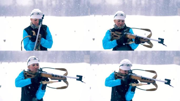 滑雪者拿着步枪射击，近距离射击。