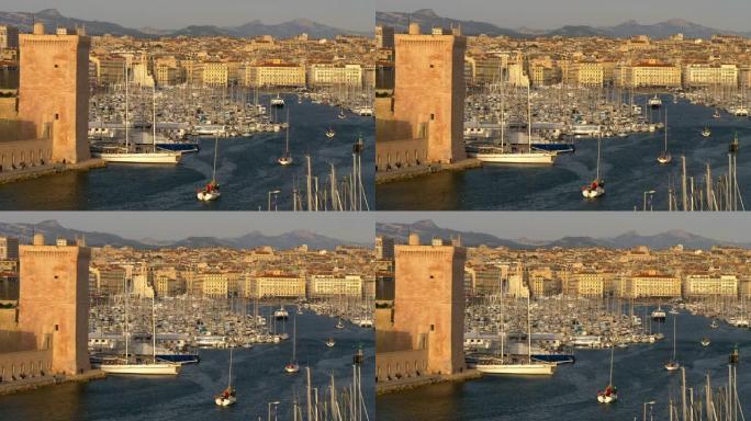 圣让城堡和法国马赛的维厄港。马赛旧海港yacth的日落景色，4K