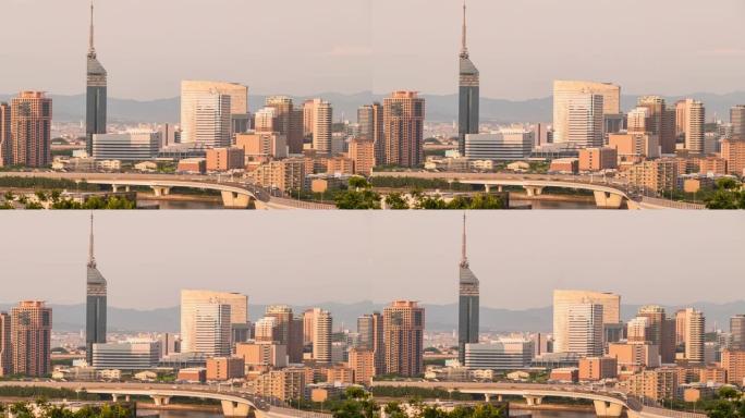 日本南部福冈市九州的延时福冈塔日落黄昏与市中心城市景观