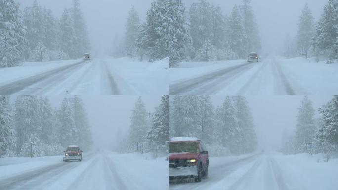 前面有犁的汽车在暴风雪中沿着乡间小路行驶