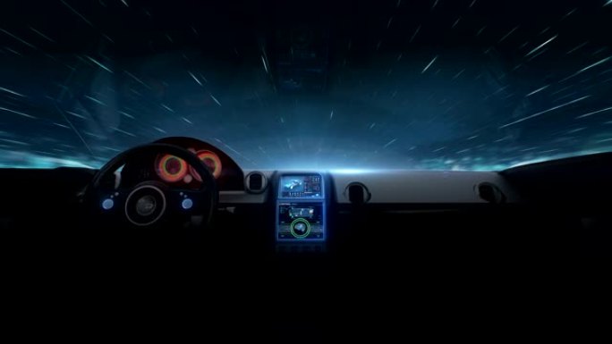 未来混合动力汽车内部，通过夜空4k动画。1.