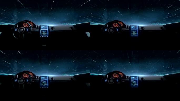 未来混合动力汽车内部，通过夜空4k动画。1.
