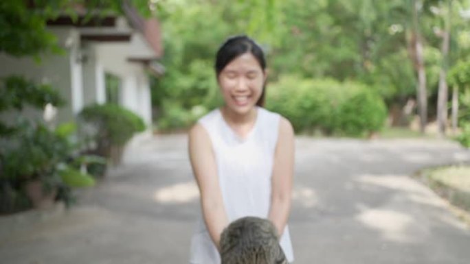 女人在家抱着猫而不是健身房举重在锁定新型冠状病毒肺炎或电晕病毒锻炼