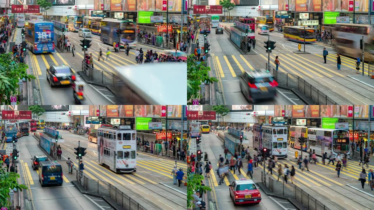 延时: 香港铜锣湾历史电车背景的行人游客