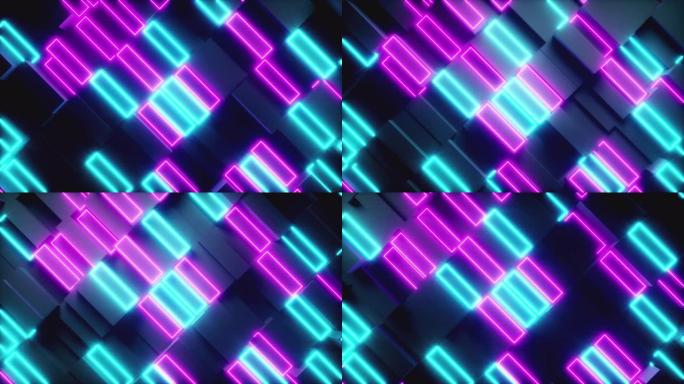 霓虹元素矩形的明亮抽象移动结构。荧光紫外光。现代粉色蓝色光谱。无缝循环3d渲染