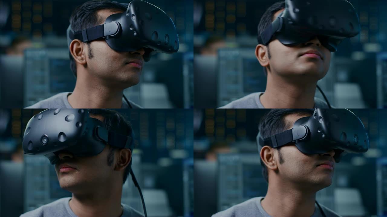 软件Delevoper戴着虚拟现实耳机，用头打手势，开发和编程VR游戏或应用程序。在后台技术开发带有