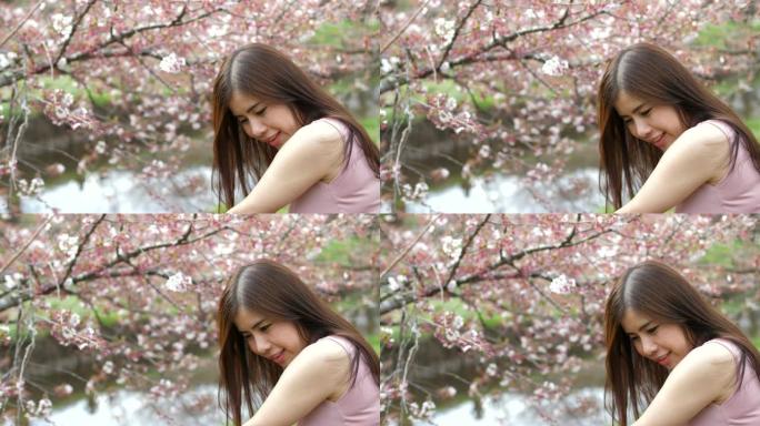 害羞的女人与樱花-慢镜头