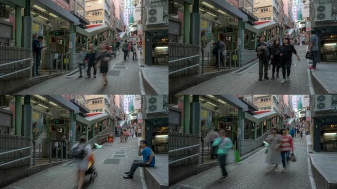 模糊背景延时: 香港市区中环-半山区自动扶梯的行人拥挤