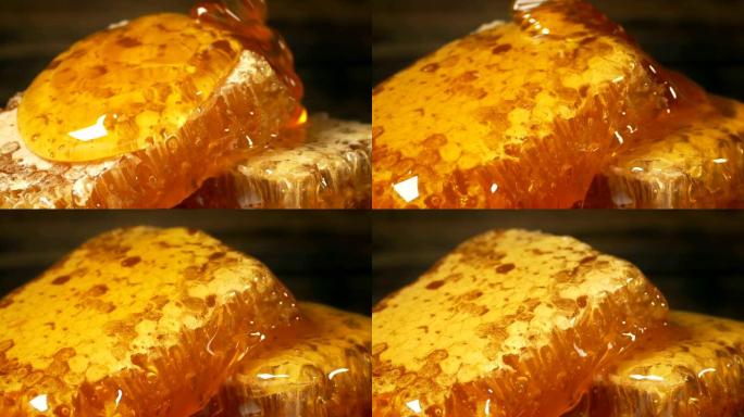 Honey Pouring On Honeycomb Closeup