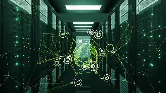 绿色数字图标球体全息图在数据中心服务器机架室与网络的抽象连接中旋转。循环3d动画。商业和技术概念。