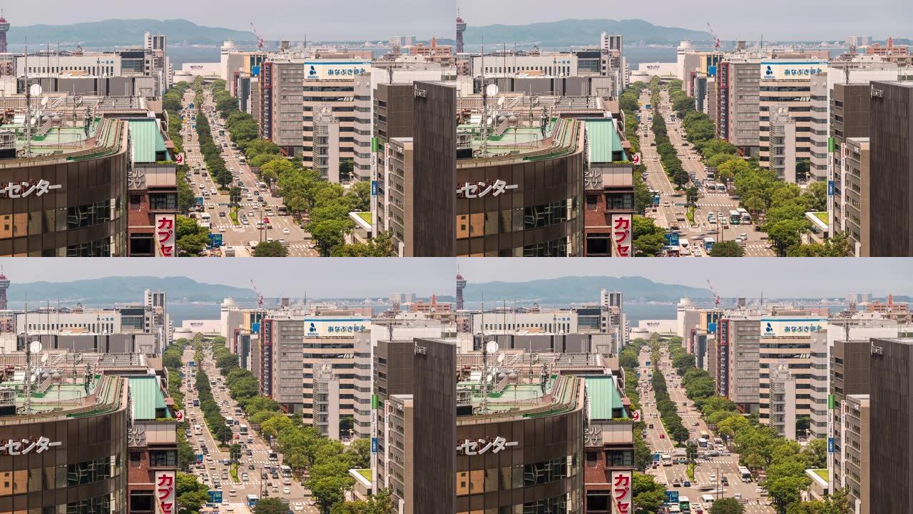 福冈博多福冈市中心福冈城市景观的延时鸟瞰图