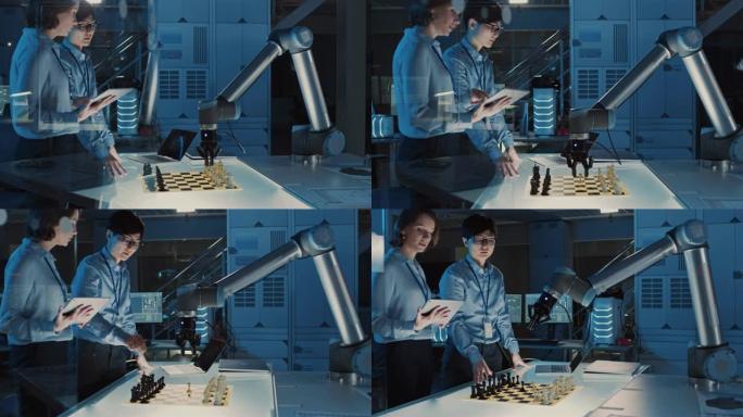 两名开发工程师正在讨论和测试人工智能界面，方法是用未来的机械臂下棋。他们在一个高科技的现代研究实验室