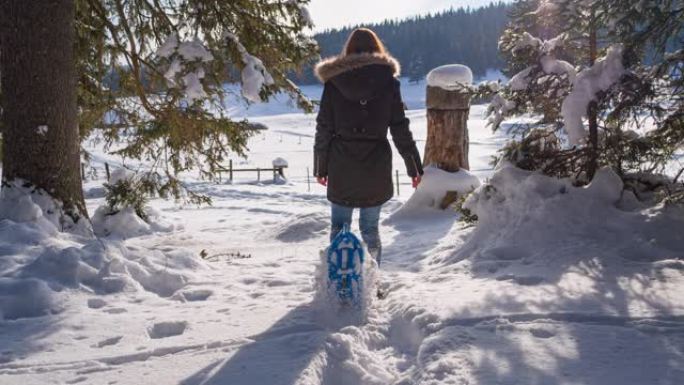 女人穿着雪鞋探索田园诗般的冬季景观