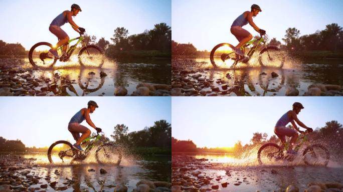 时间重新绘制: 金色早晨骑山车的酷炫镜头。