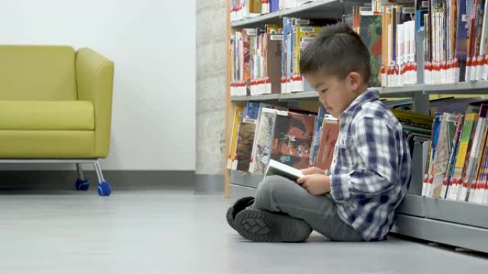小民族男孩在图书馆读书