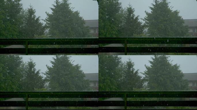 特写: 暴雨期间，从绿色后院的阳台拍摄风景。