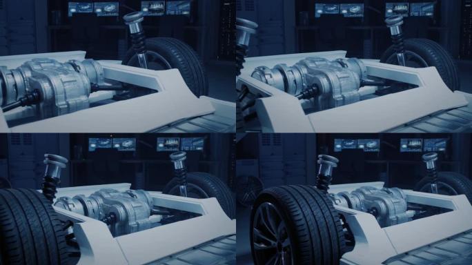 汽车概念: 正品电动车平台底盘。混合车架包括: 车轮、发动机、制动器和电池。在创新的汽车设计设施中。