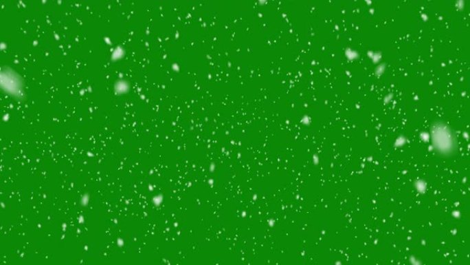 Snow孤立的色度键，在4k的grenn屏幕背景上落下逼真的动画，用于合成。慢动作，大小雪花，阿尔法