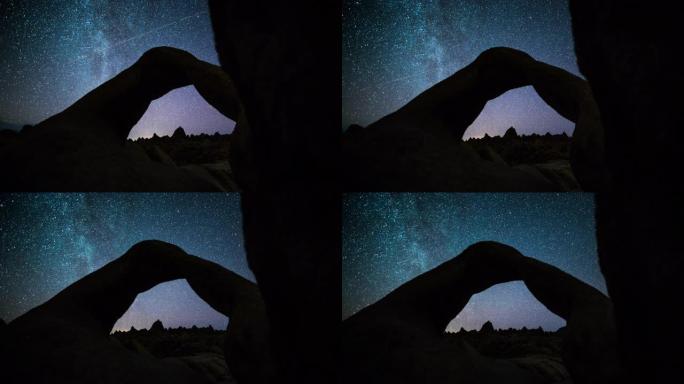 银河系在莫比乌斯拱门上的星夜-延时追踪镜头