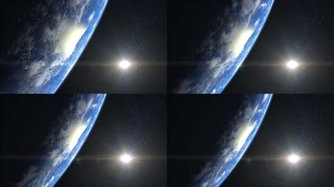 来自太空的地球。摄像机飞离地球。星星闪烁。4K.日出。现实的氛围。3D体积云。太阳在框架中。
