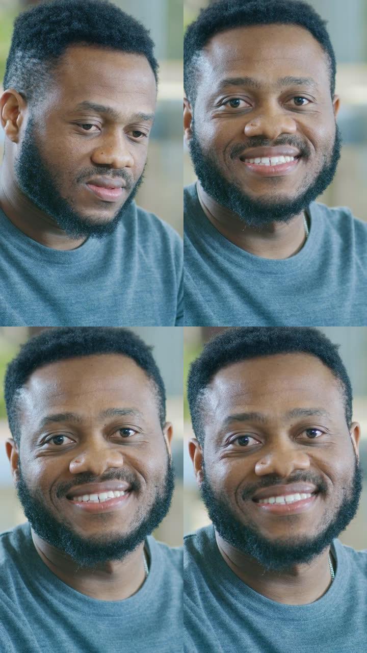 英俊的非洲裔美国男子迷人微笑的肖像。垂直屏幕方向9:16的视频素材
