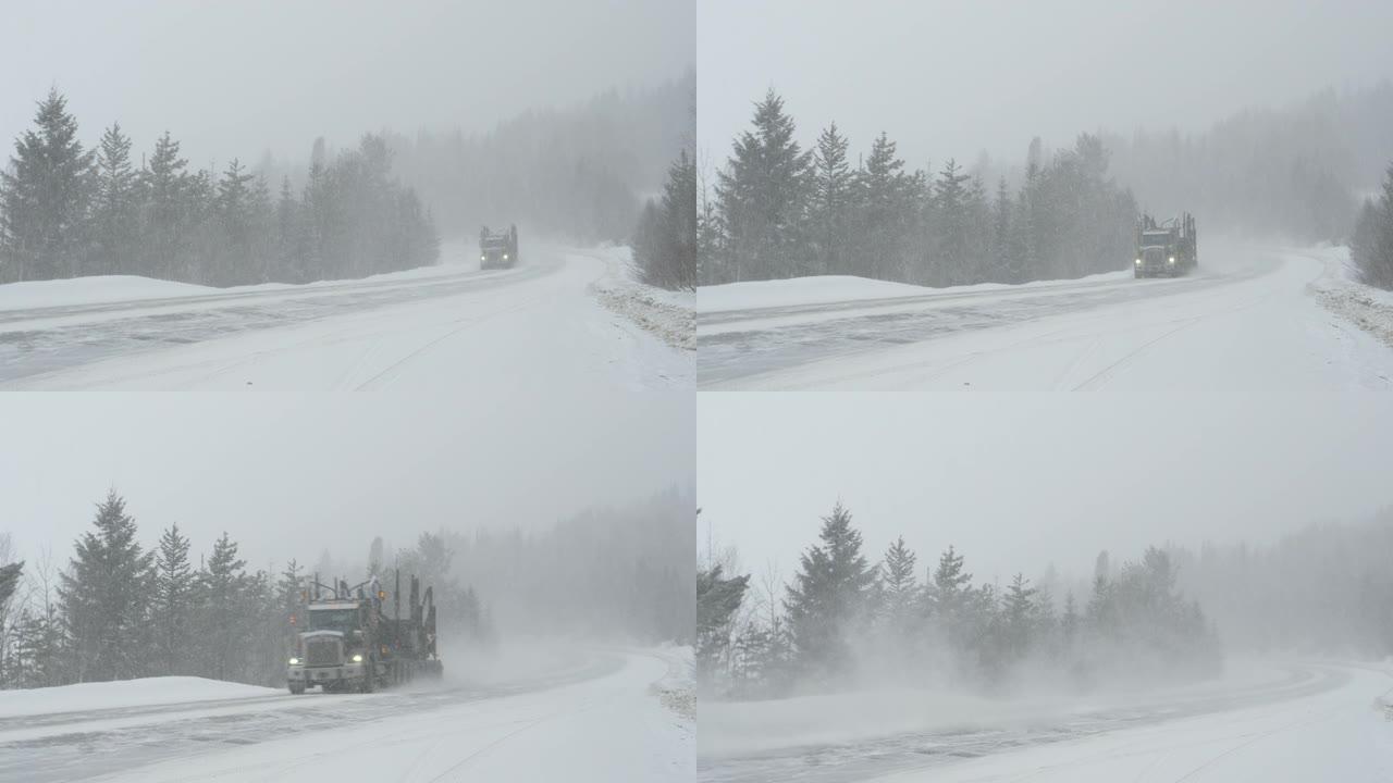 装有空拖车的黑色卡车在湿滑的道路上驶过暴风雪。