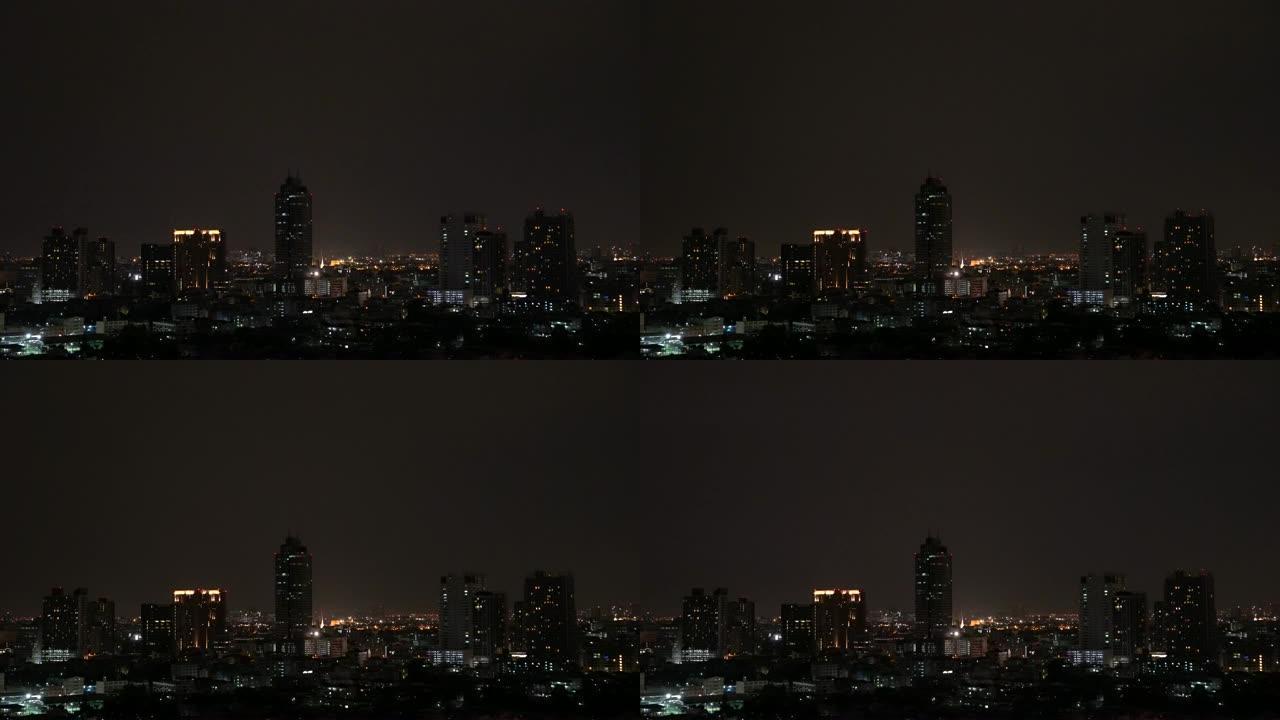 4k镜头在泰国曼谷城市景观河边，自然和城市景观概念的夜晚有雷雨云的闪电场景