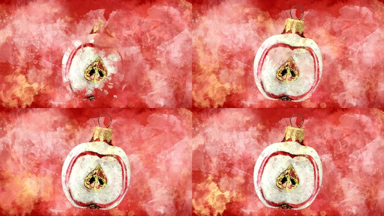 水彩圣诞装饰半苹果背景上的彩色印迹。