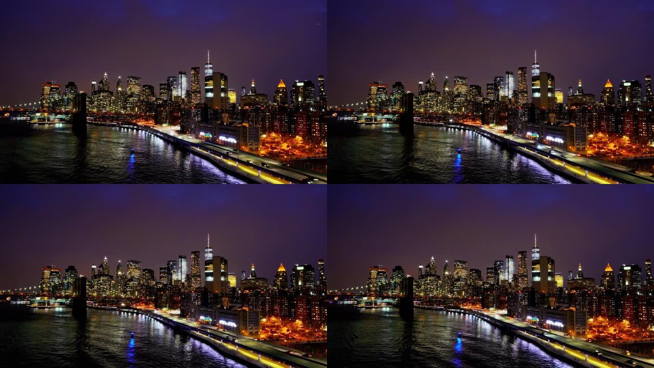曼哈顿金融区。鸟瞰图。夜。WTC