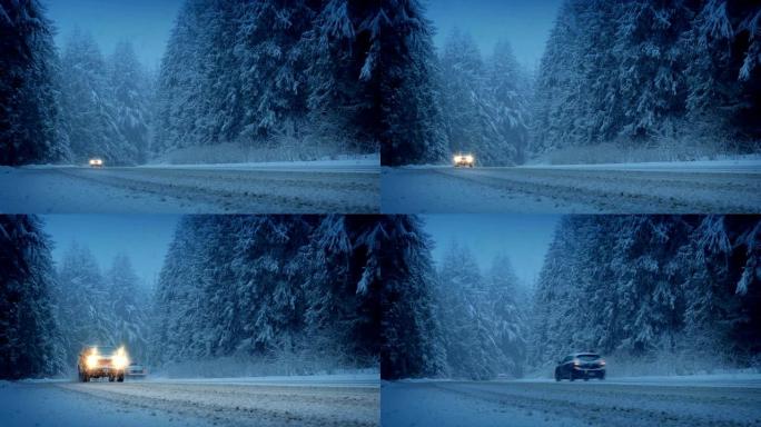 傍晚在白雪皑皑的森林中的汽车