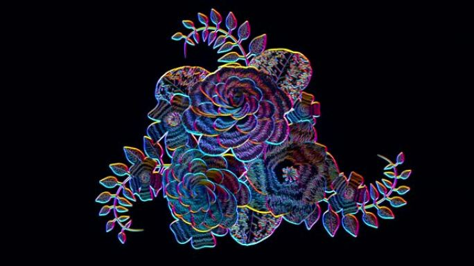 3d渲染，正在生长的花卉黑色背景花，盛开的植物图案，夜晚霓虹灯风格，新娘圆形花束，迪斯科，酸，时尚，