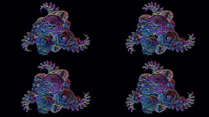 3d渲染，正在生长的花卉黑色背景花，盛开的植物图案，夜晚霓虹灯风格，新娘圆形花束，迪斯科，酸，时尚，