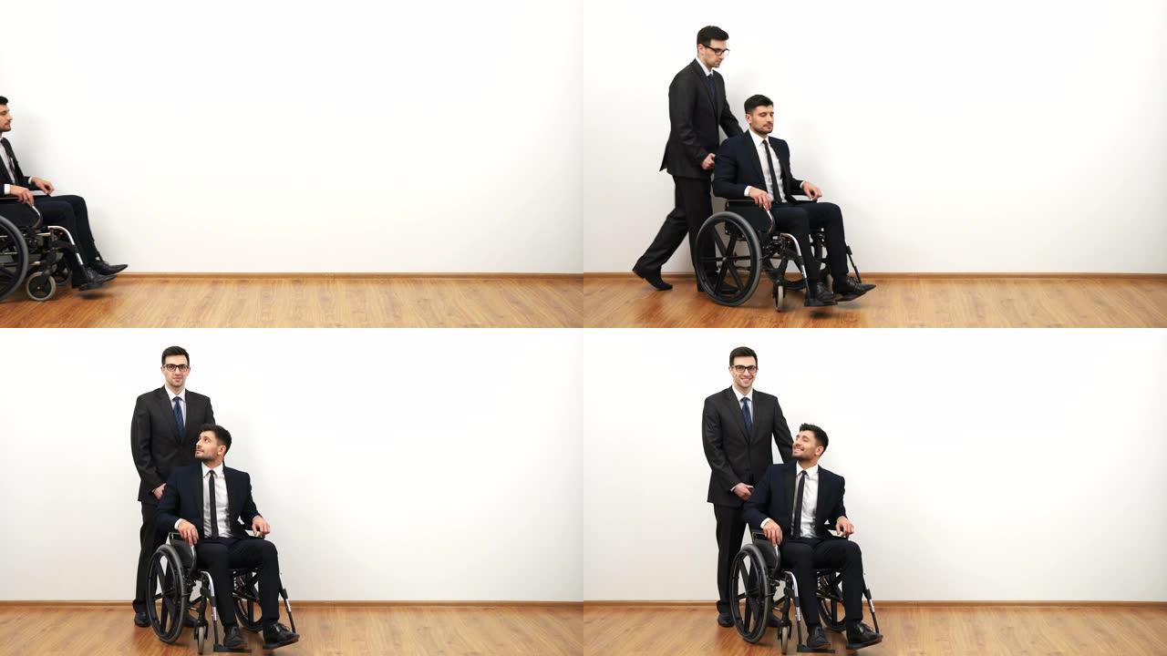 商人与残疾人坐在轮椅上行走白底