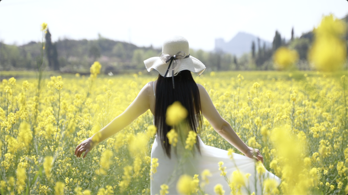 唯美女孩走在油菜花地感受户外阳光呼吸自由