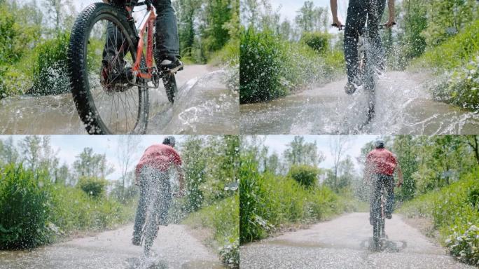 SLO MO Mountain骑自行车的人在水坑中泼水