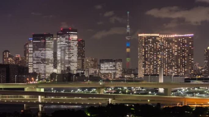 延时: 空中东京彩虹桥与东京晴空塔和日本夜间天际线