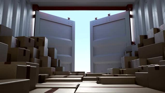 货物运输集装箱开门慢动作。带一堆纸板箱的内部视图。美丽的打开容器的3d动画。运输概念。