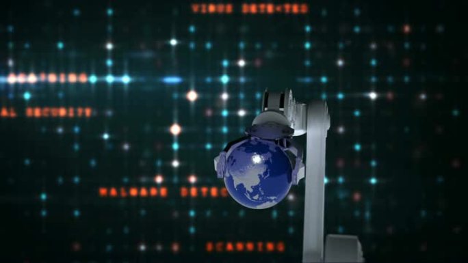 机器人手在二进制代码背景下呈现地球仪