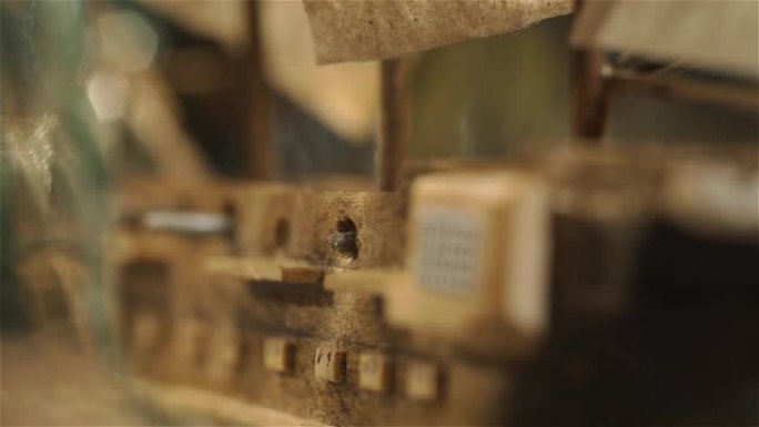 工匠在瓶子里建造一艘玩具模型船。